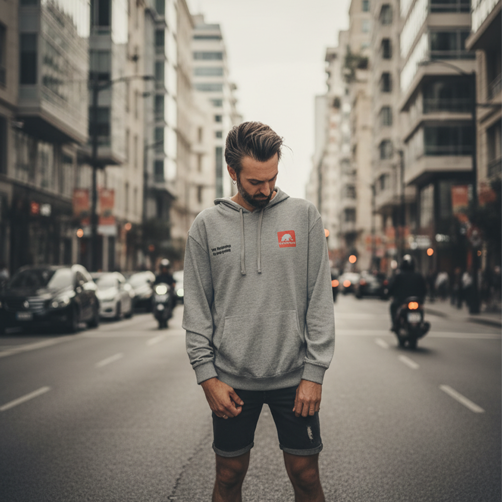Hombre con sudadera urbana gris Neanderthal, logo rojo y lema The Beginning of Everything, moda streetwear unisex otoño.