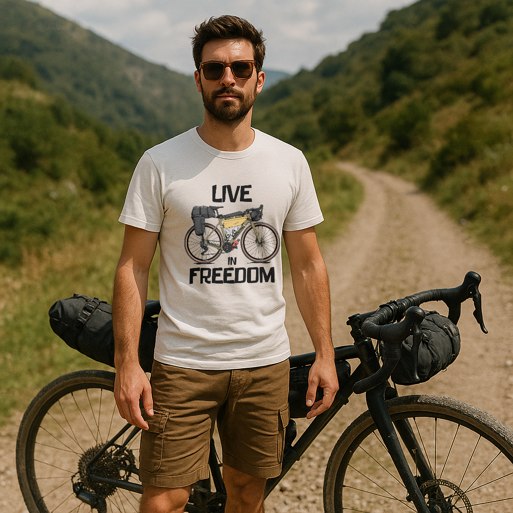 Camiseta blanca Neanderthal Live in Freedom con diseño de bicicleta, moda urbana outdoor para ciclistas y aventureros