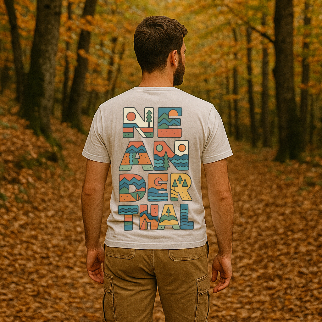 Camiseta blanca Neanderthal con estampado trasero grande y colorido inspirado en paisajes naturales y aventura