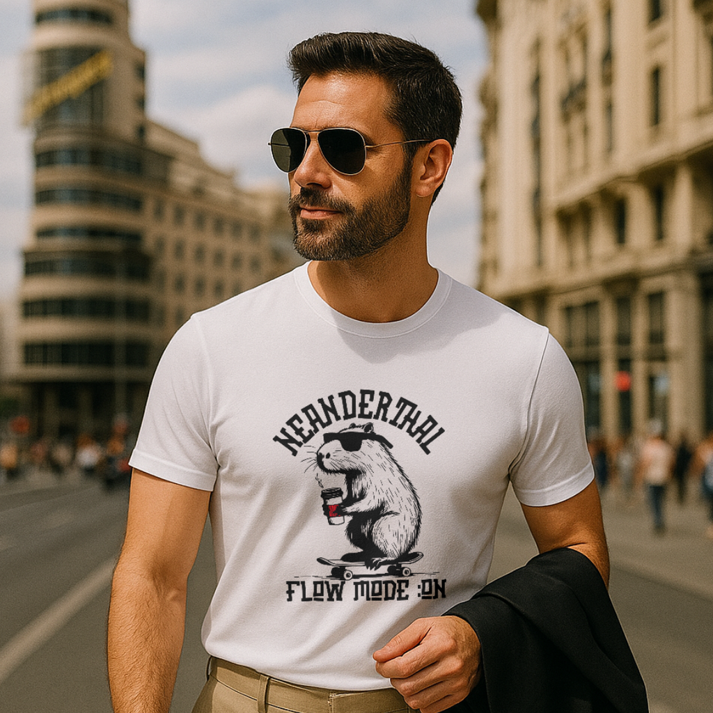 Camiseta blanca Neanderthal Flow Mode On con diseño de ardilla sobre patineta y bebida, estilo urbano rebelde, hombre caminando en la ciudad