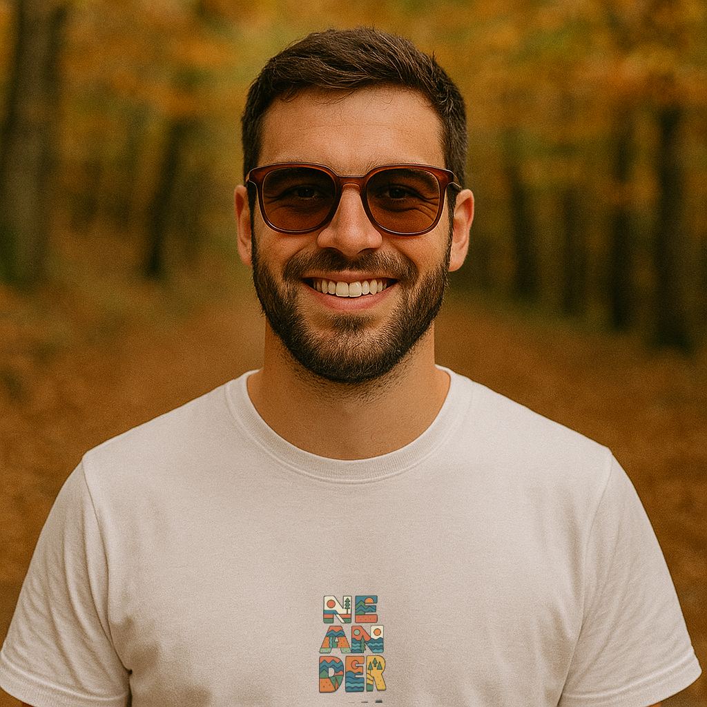 Camiseta blanca Neanderthal con logo minimalista y estampado frontal pequeño inspirado en la naturaleza