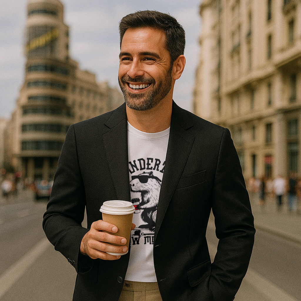 Camisa blanca Neanderthal Flow Mode On combinada con blazer negro, look moderno y casual para ciudad