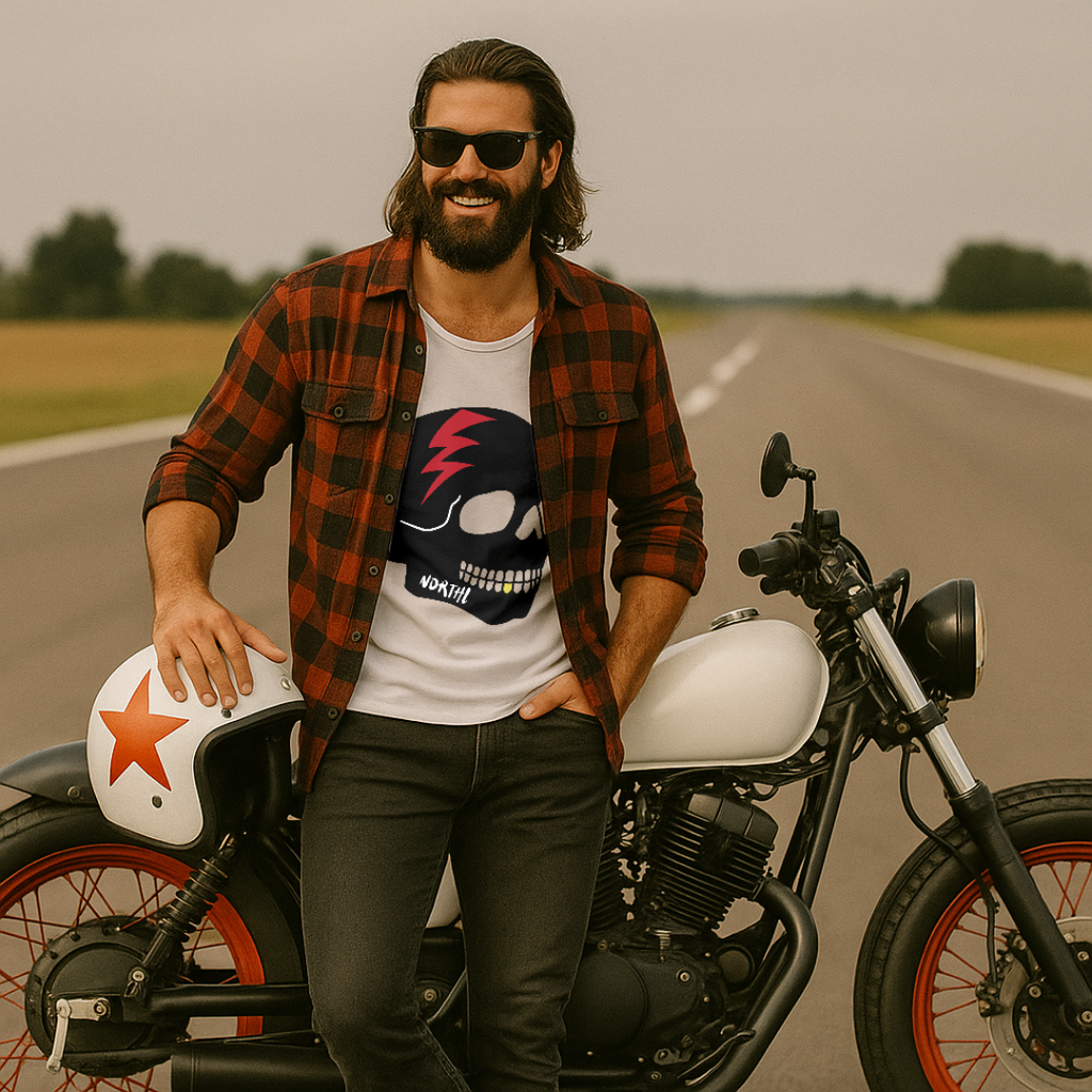 Camiseta rebelde Neanderthal con diseño de calavera y rayo eléctrico, moda urbana bike
