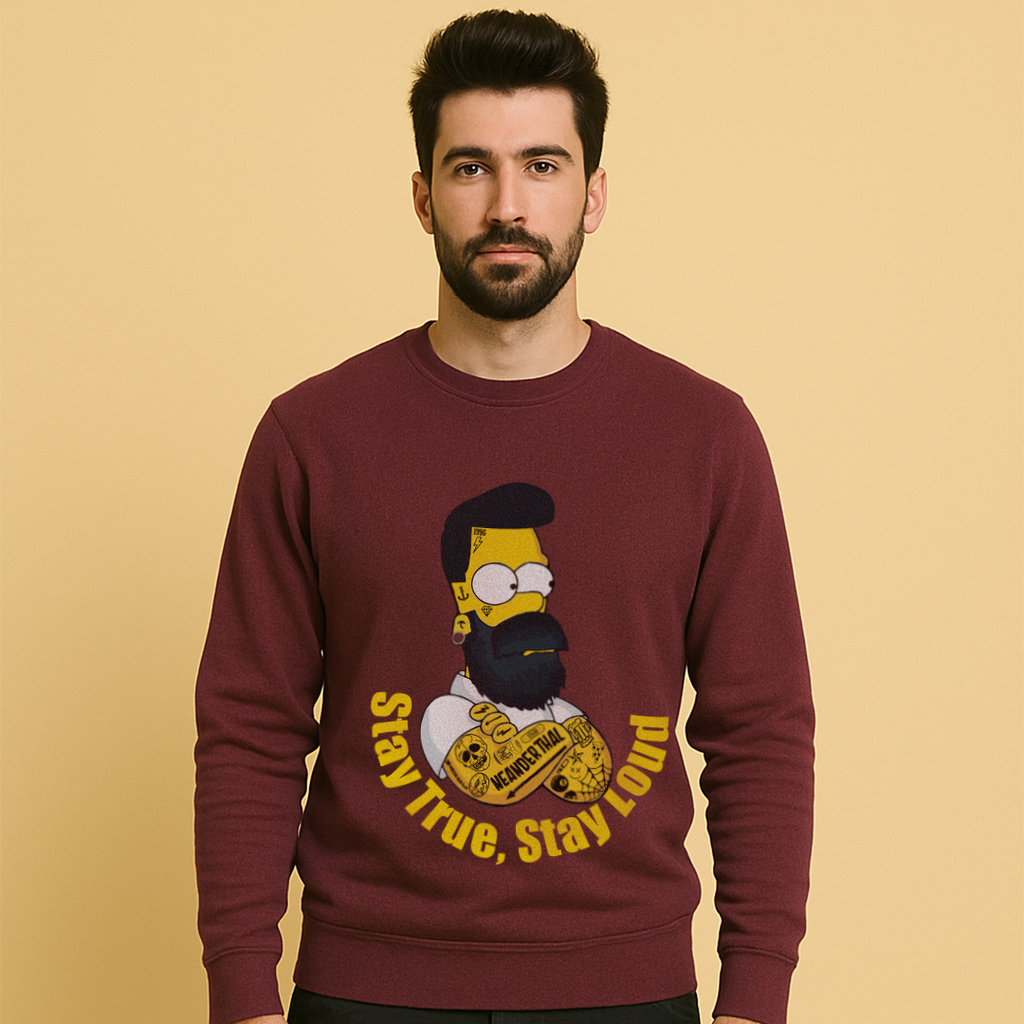 Sudadera granate Neanderthal Stay True Stay Loud con diseño rebelde de personaje tatuado