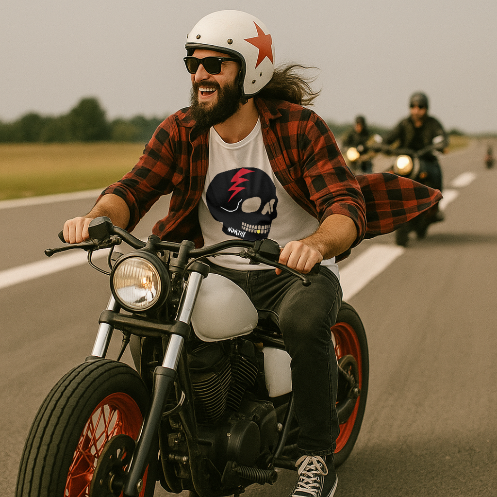 Camiseta Skull Thunder Neanderthal combinada con camisa de cuadros, estilo motero auténtico