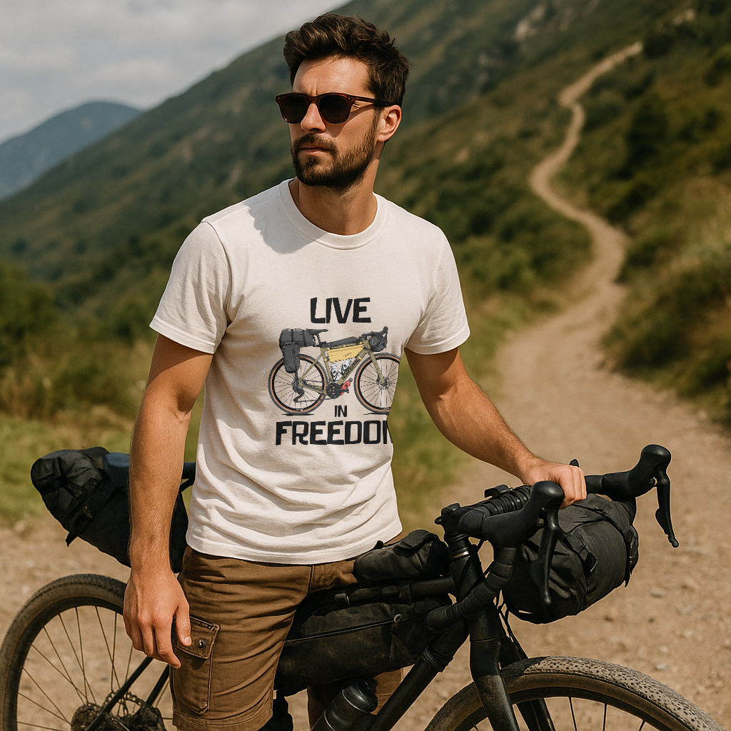 Moda urbana y outdoor – Camiseta Neanderthal Live in Freedom con gráfico de bicicleta y mensaje motivador
