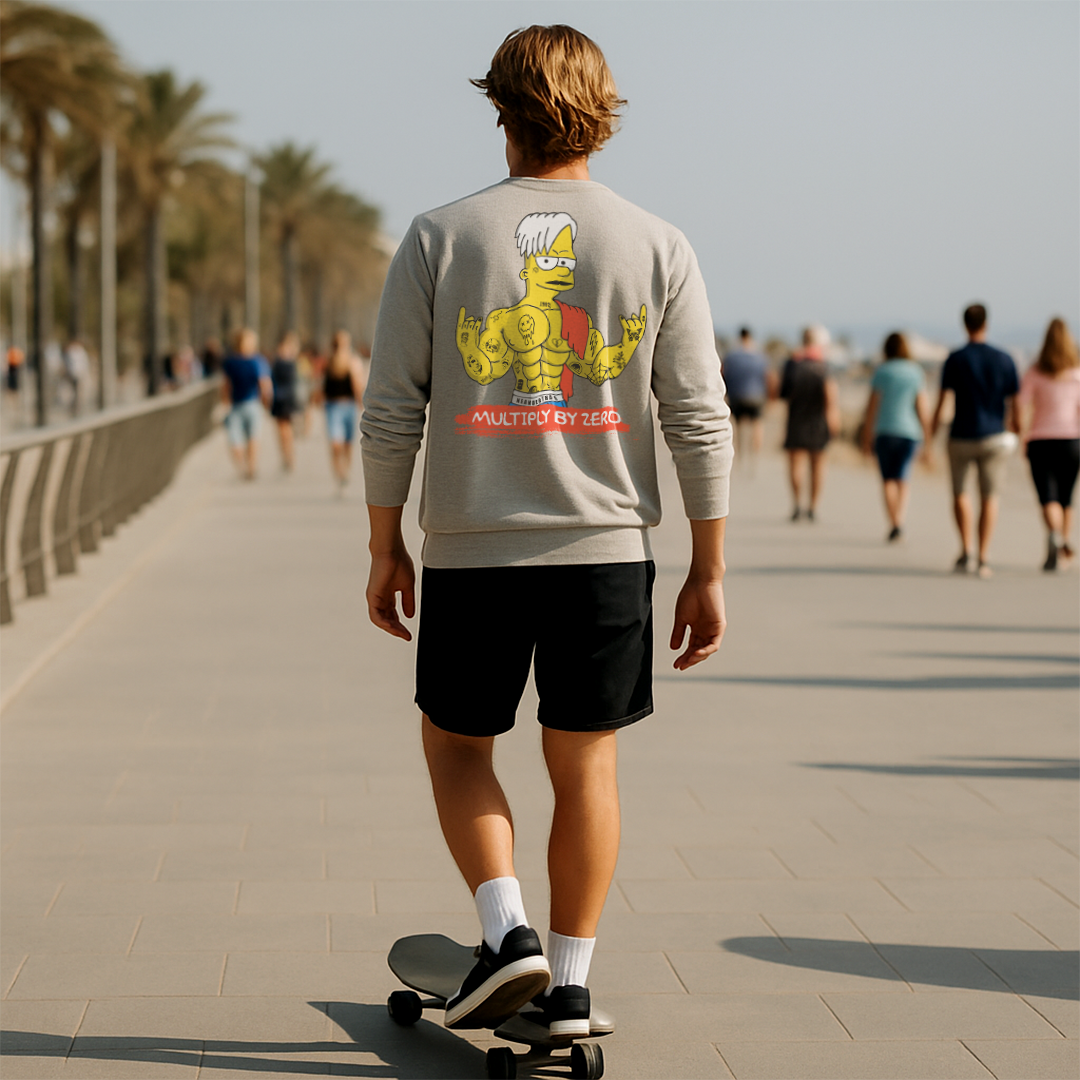 Parte trasera con ilustración de Bart Simpson en estilo gamberro y mensaje Multiply by Zero, ideal para los que viven fuera de las reglas.