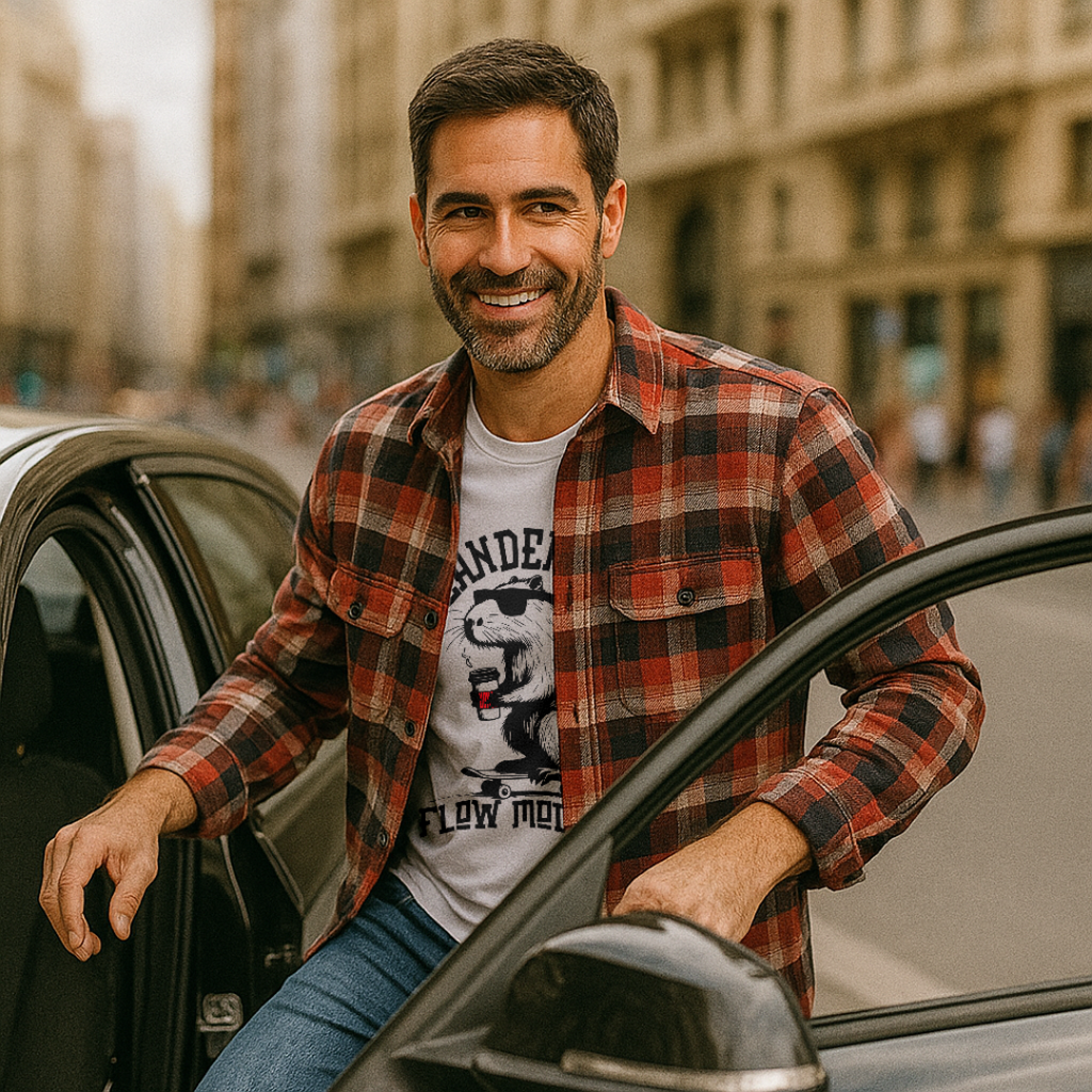 Hombre con camiseta blanca Neanderthal Flow Mode On, diseño de ardilla sobre patineta y bebida, estilo urbano casual con camisa de cuadros abierta
