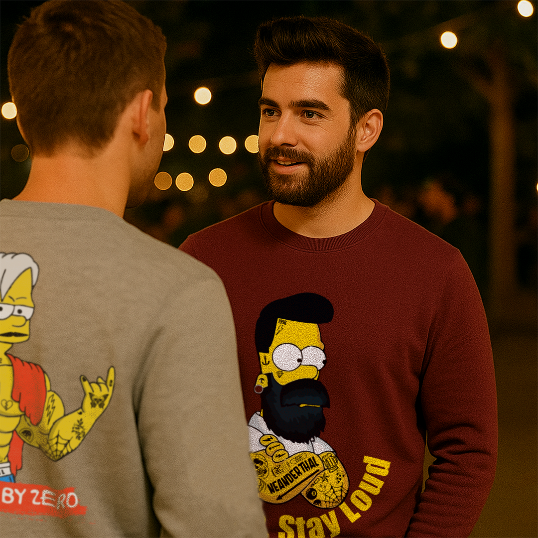 Sudadera urbana granate Neanderthal con ilustración gamberra, estilo streetwear 