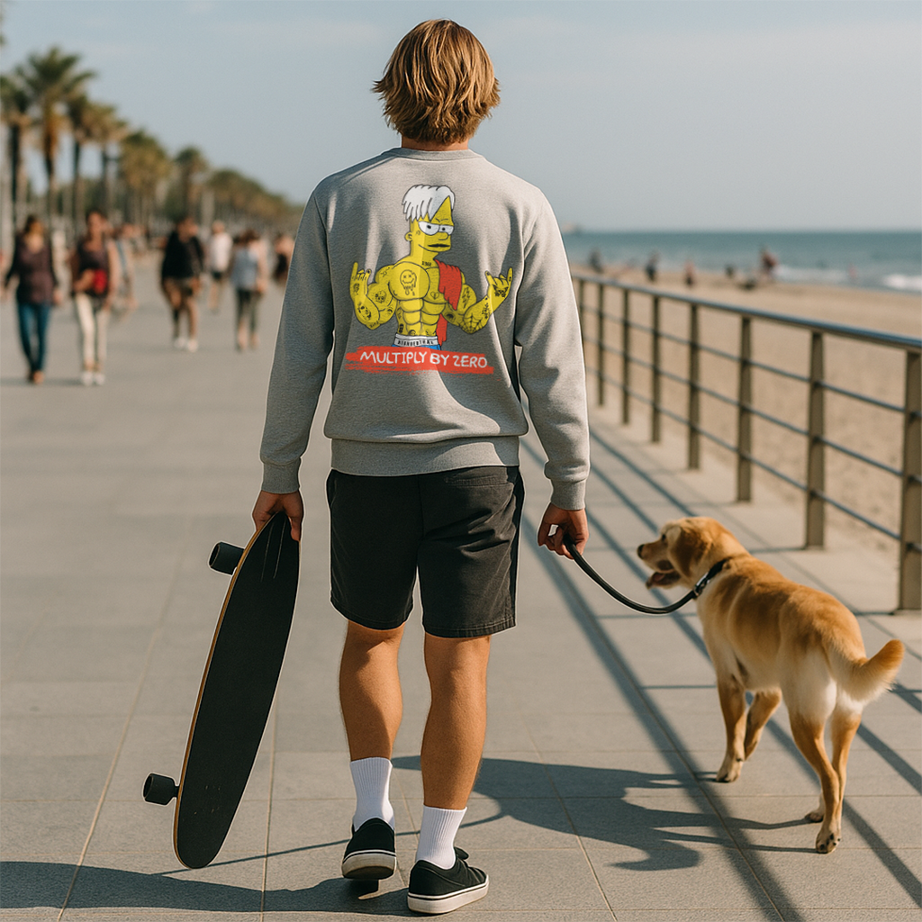 Sudadera de estilo irreverente con diseño trasero de Bart Simpson, ideal para pasear por la ciudad con tu skate, tu perro y tu actitud rebelde.
