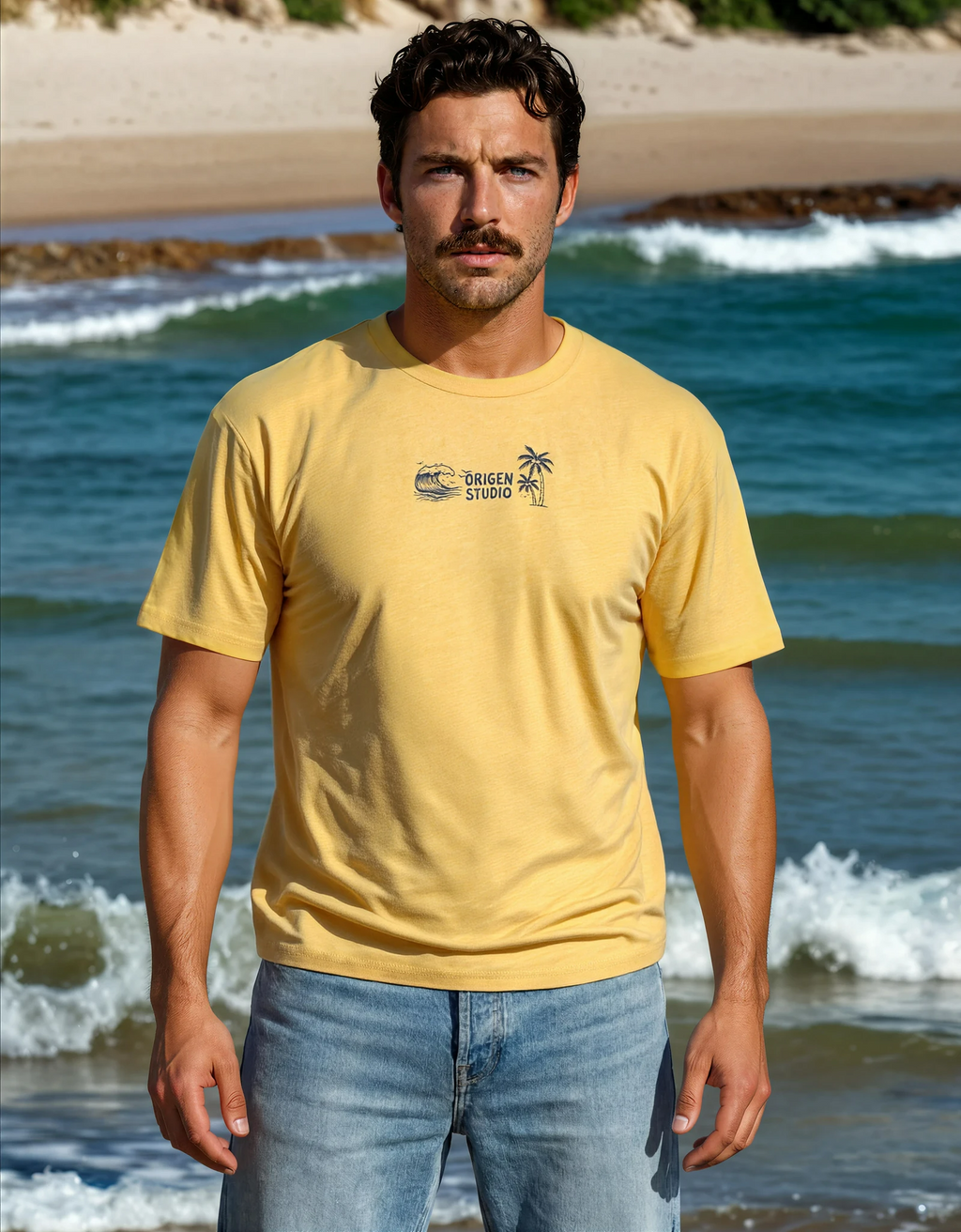 camiseta amarilla hombre algodón origen studio playa