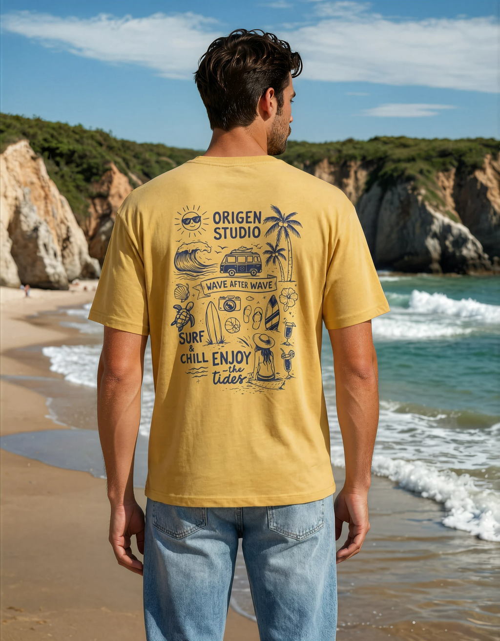 camiseta amarilla hombre diseño surf origen studio espalda