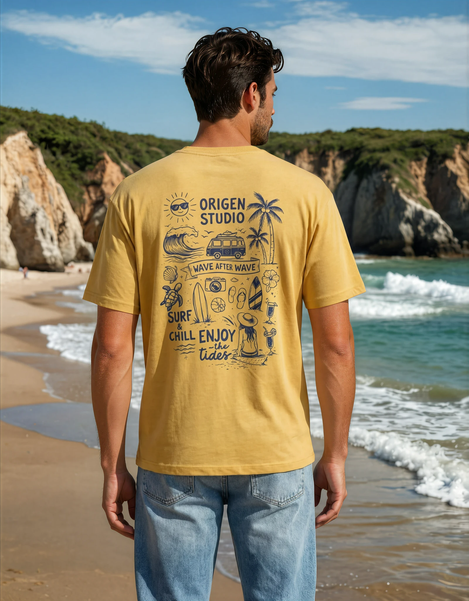 camiseta amarilla hombre diseño surf origen studio espalda