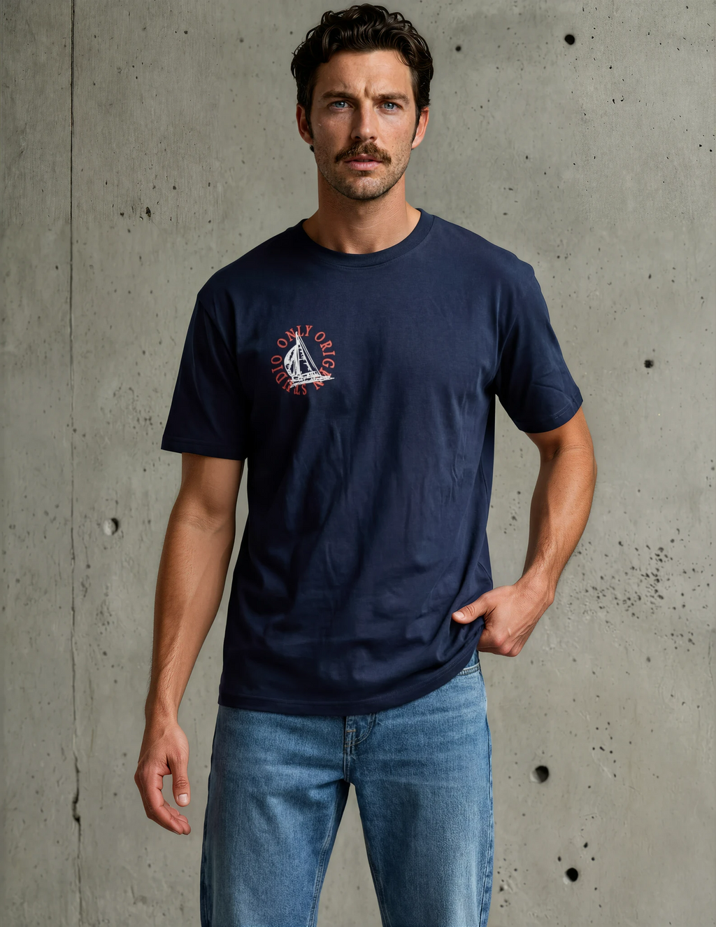 Primer plano frontal de modelo con camiseta azul marino Origen Studio; se aprecia el logotipo circular en el pecho con diseño náutico y cuello redondo clásico.