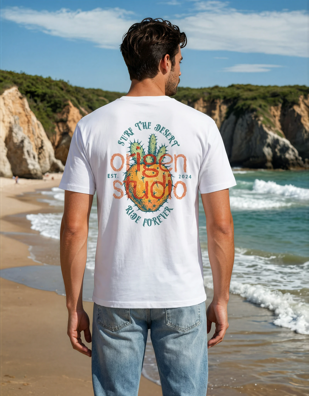 camiseta blanca hombre diseño surf origen studio espalda