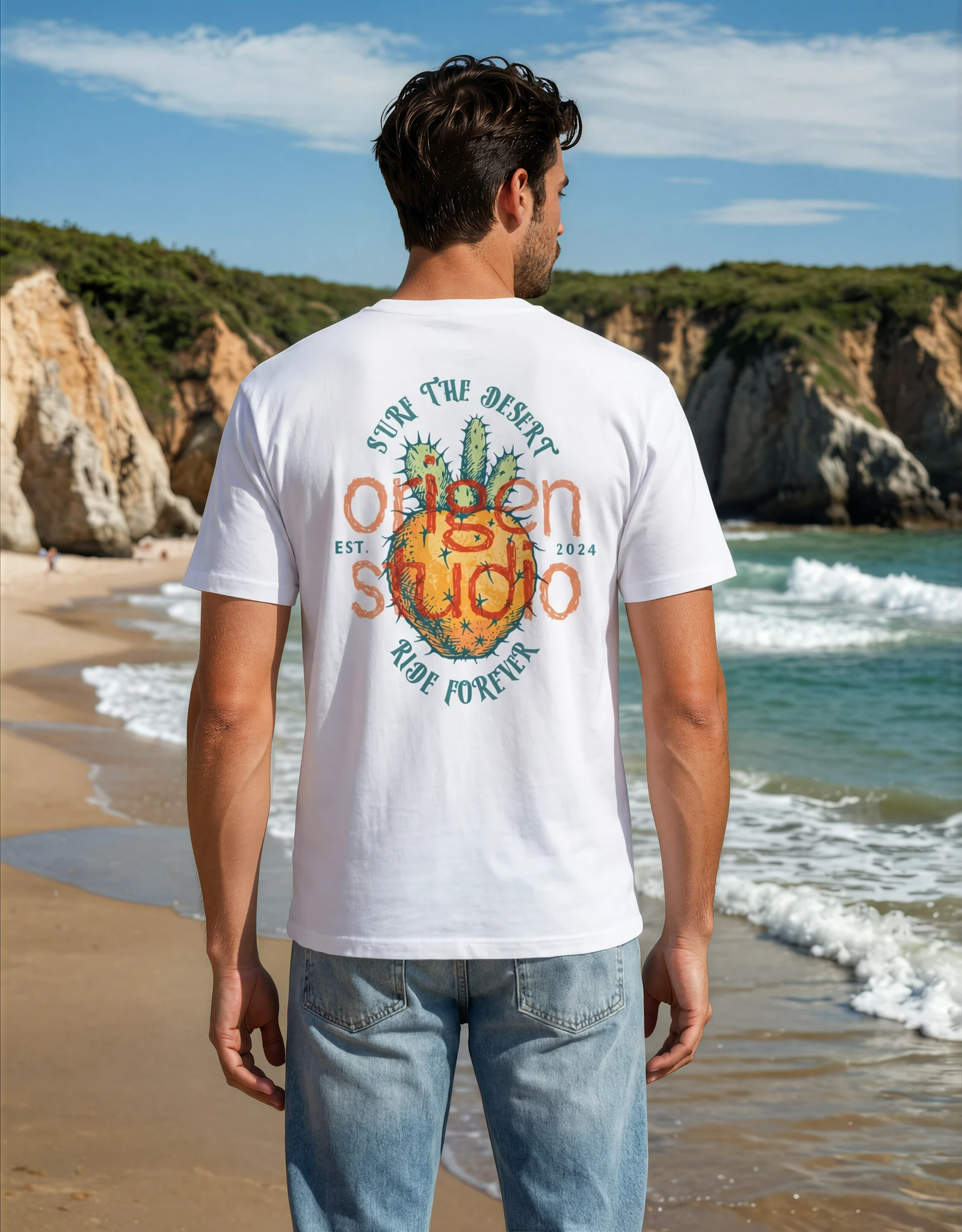 camiseta blanca hombre diseño surf origen studio espalda