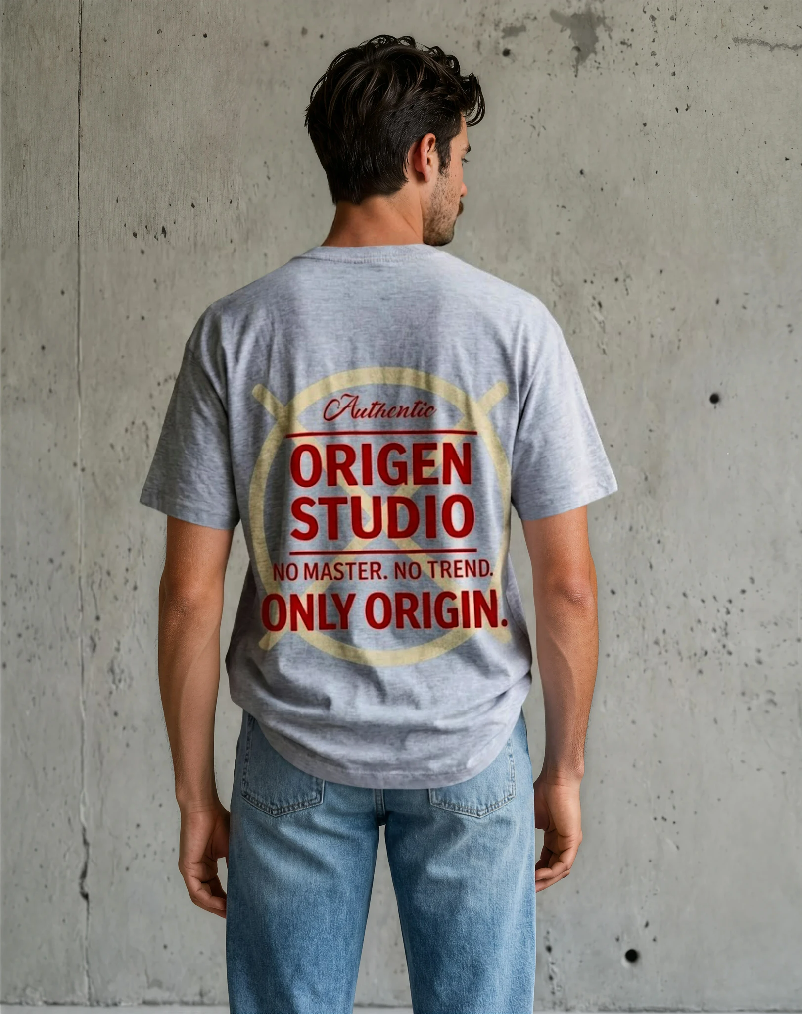 Camiseta gris Origen Studio espalda diseño gráfico algodón 100% fabricación España