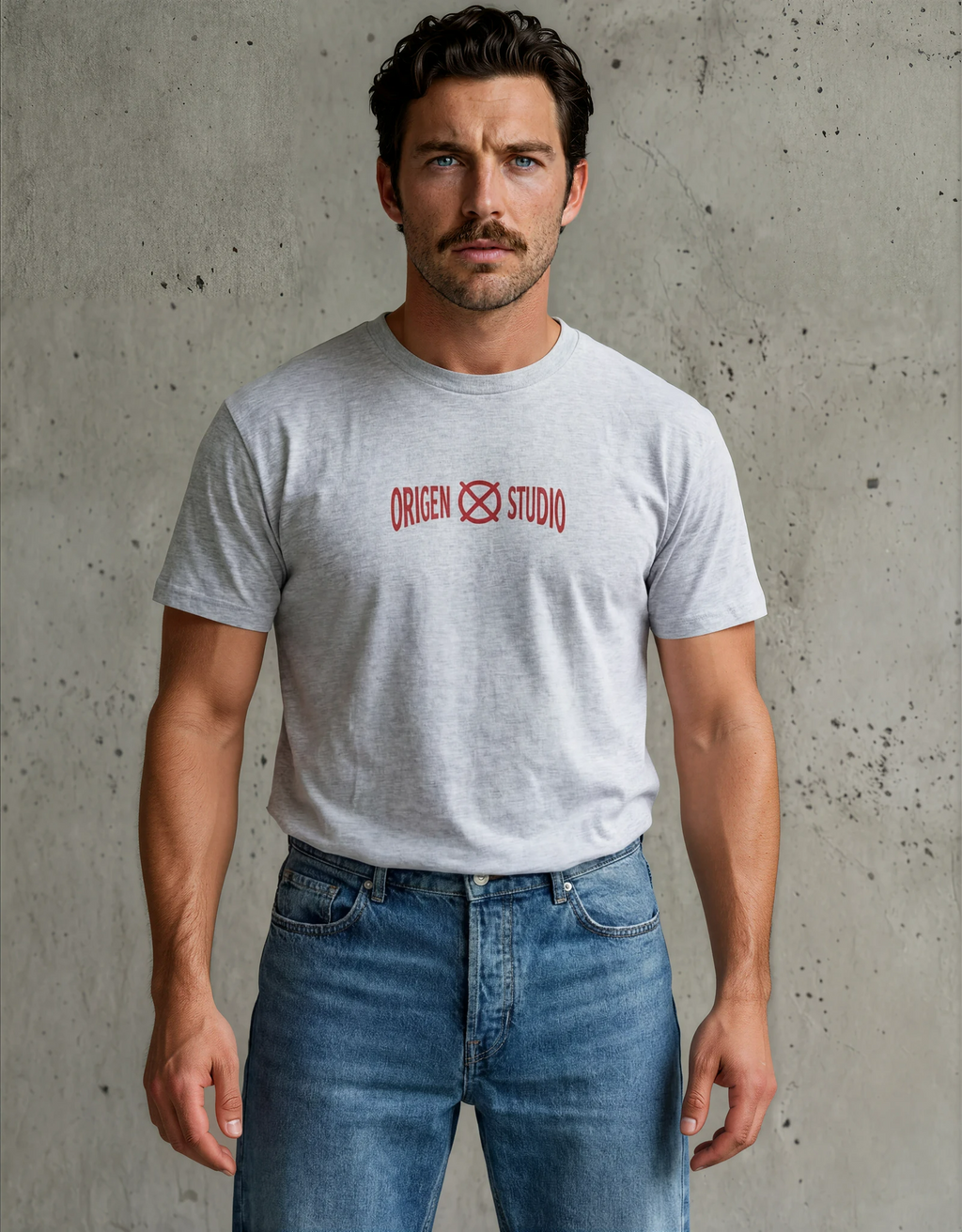 Camiseta gris Origen Studio hombre detalle frontal logo minimalista algodón premium