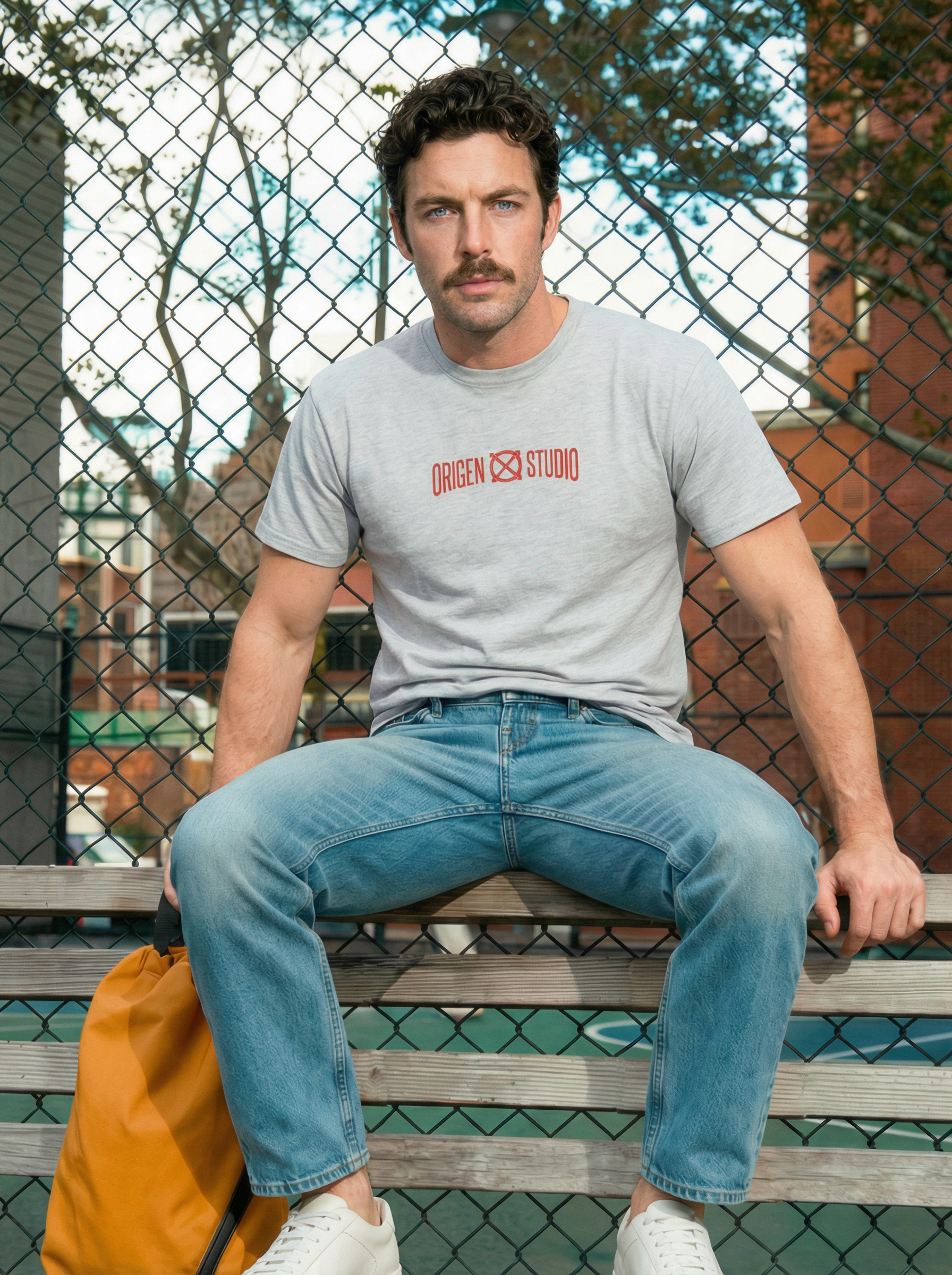 Camiseta gris Origen Studio hombre look casual urbano con vaqueros y zapatillas blancas