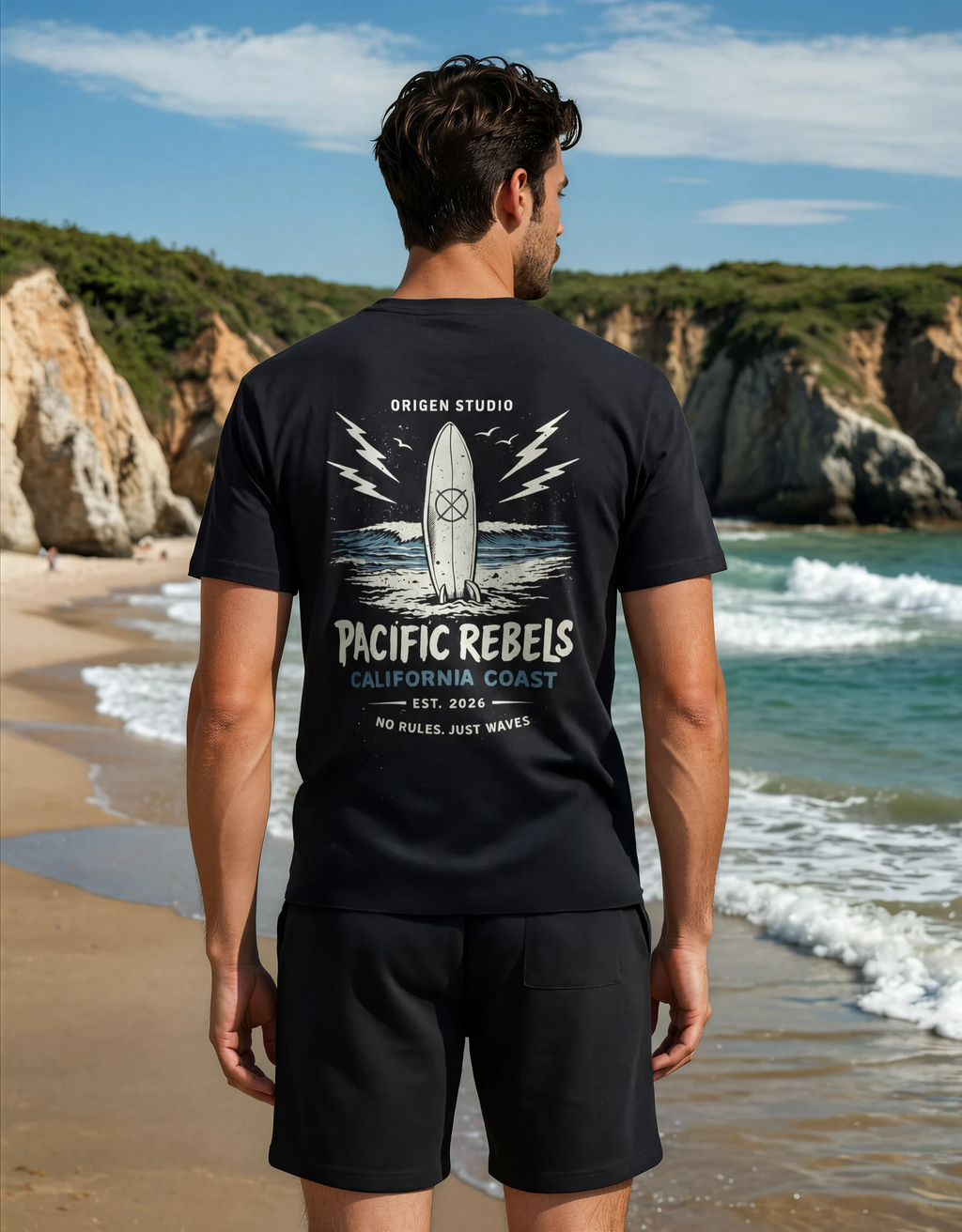 Camiseta negra Origen Studio hombre diseño espalda surf California Pacific Rebels