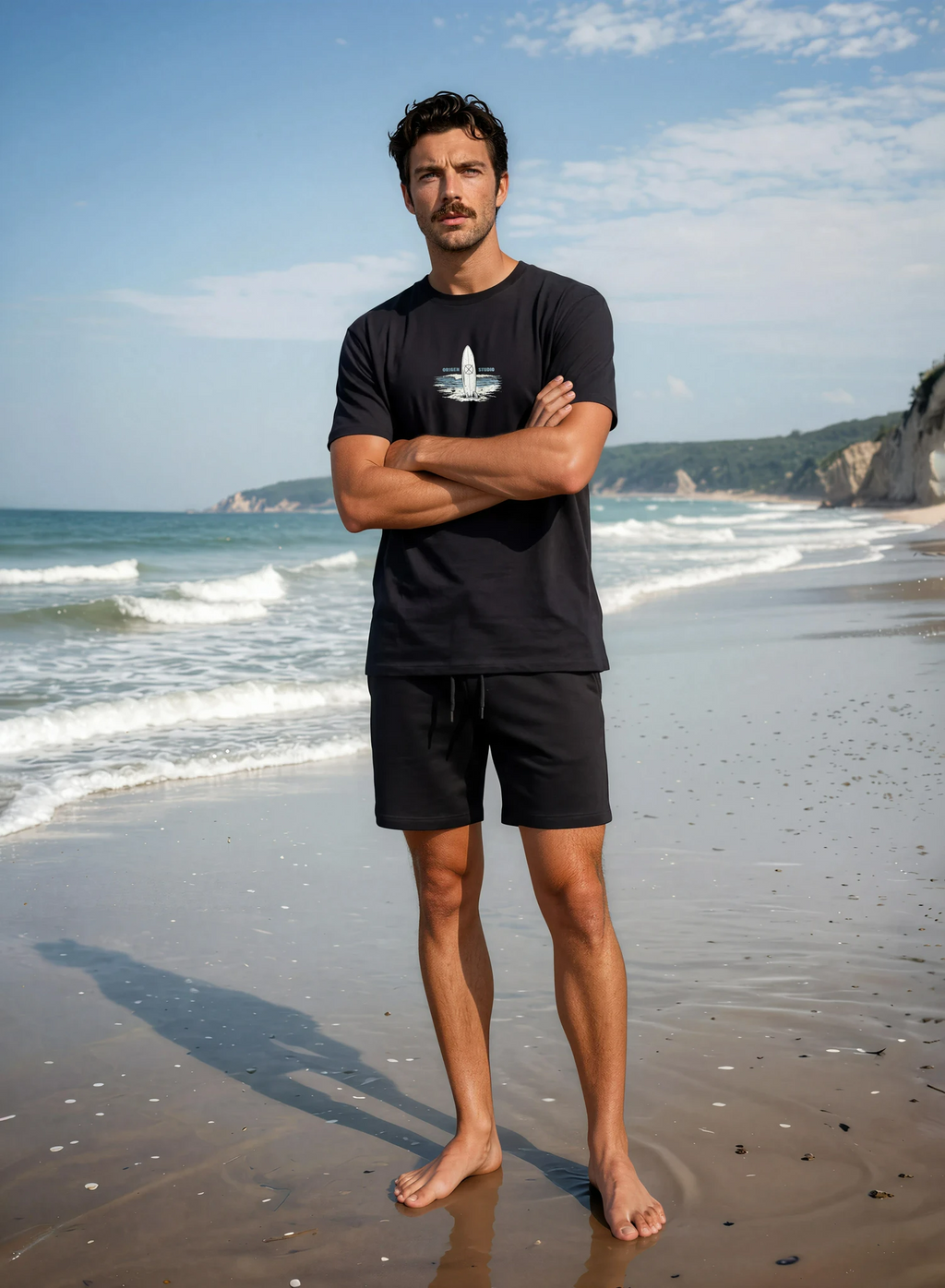 Camiseta negra hombre Origen Studio algodón 100% estilo surf playa verano