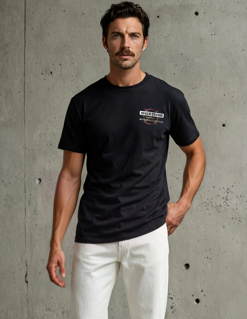 Primer plano frontal de hombre con camiseta negra Origen Studio que muestra un pequeño logotipo rectangular en el pecho.