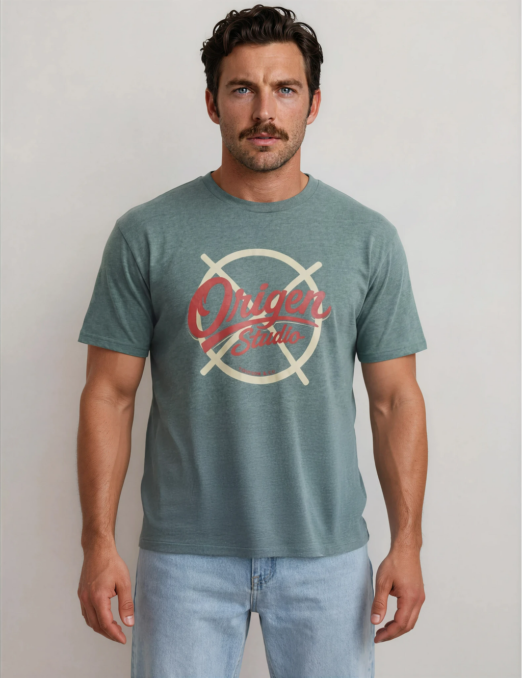 Camiseta verde hombre Origen Studio detalle frontal diseño gráfico algodón premium