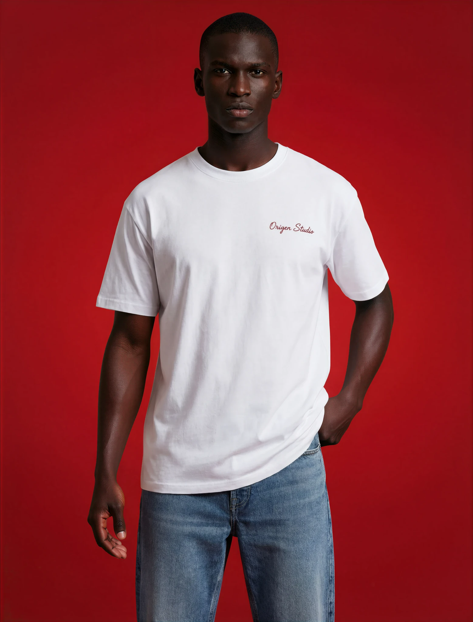 Camiseta blanca 100% algodon Origen Studio regular fit con bordado frontal rojo vino